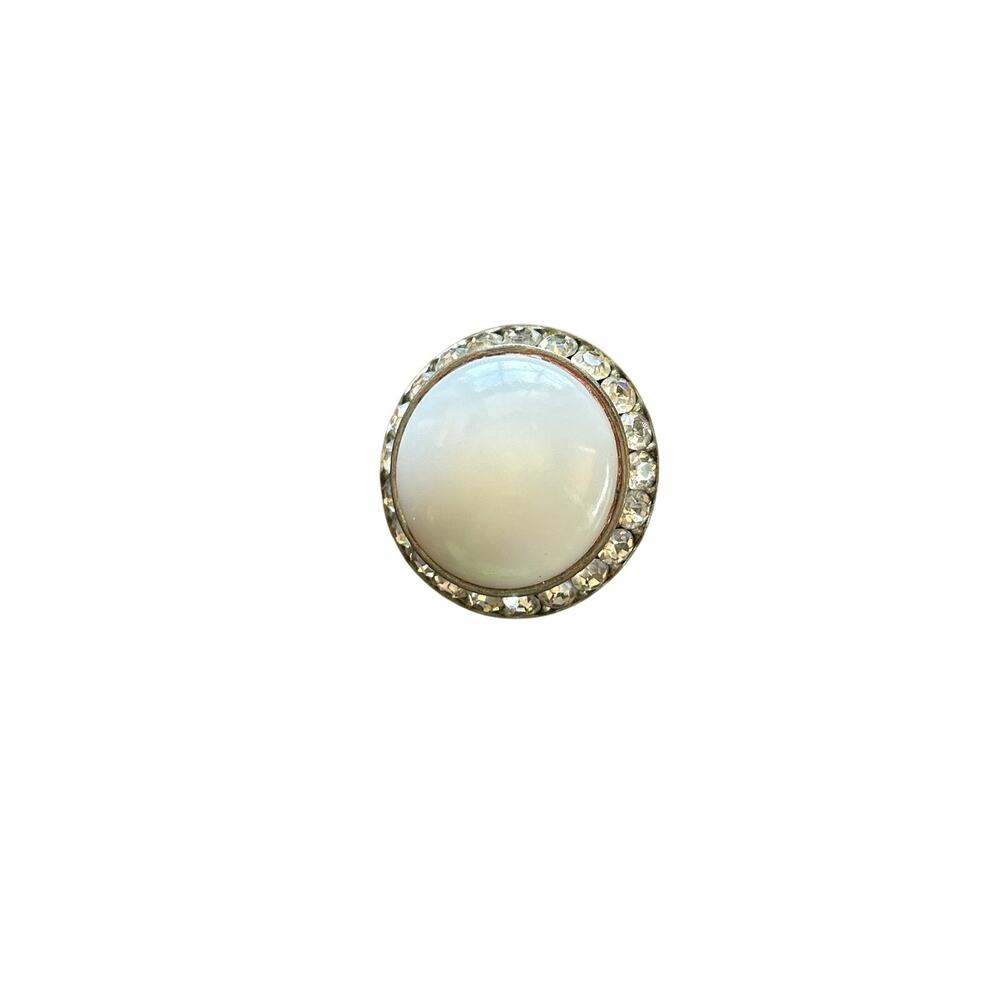 Vintage Silver Tone Faux Pearl & Rhinestone Halo Brooch | Round Cabochon Pin